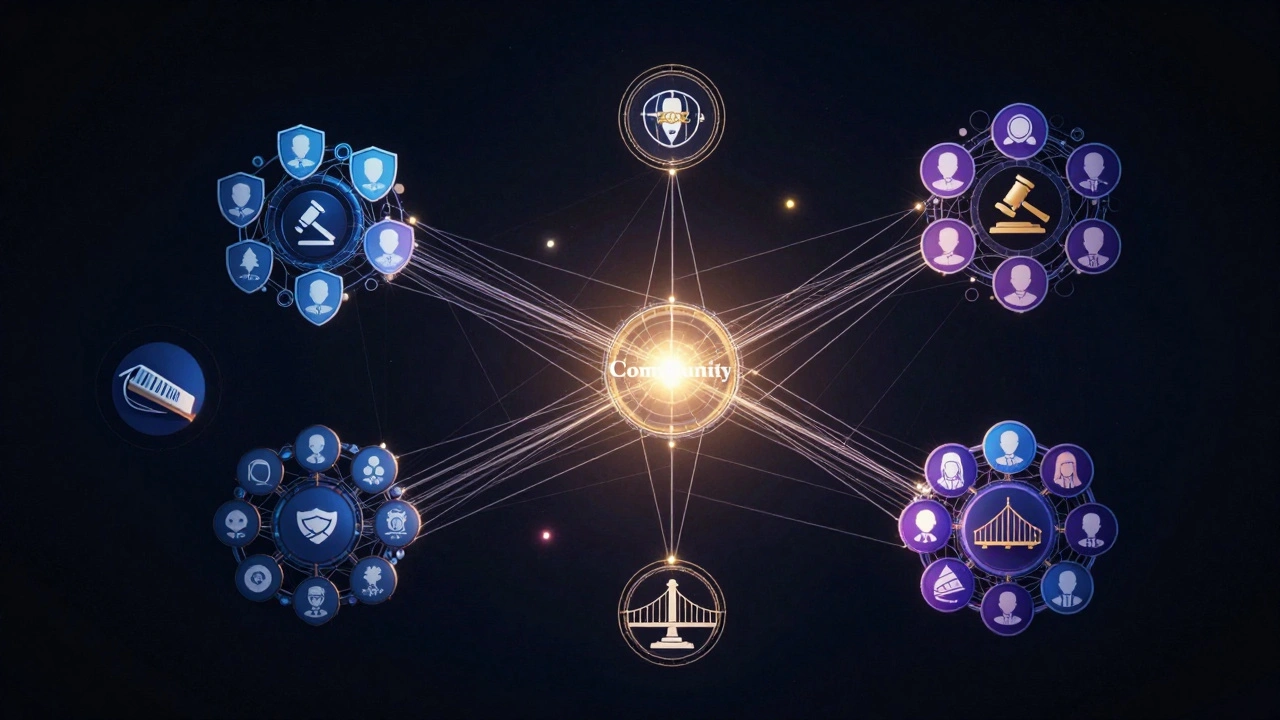 Network diagram showing Wikipedia's decentralized enforcement groups and connections.