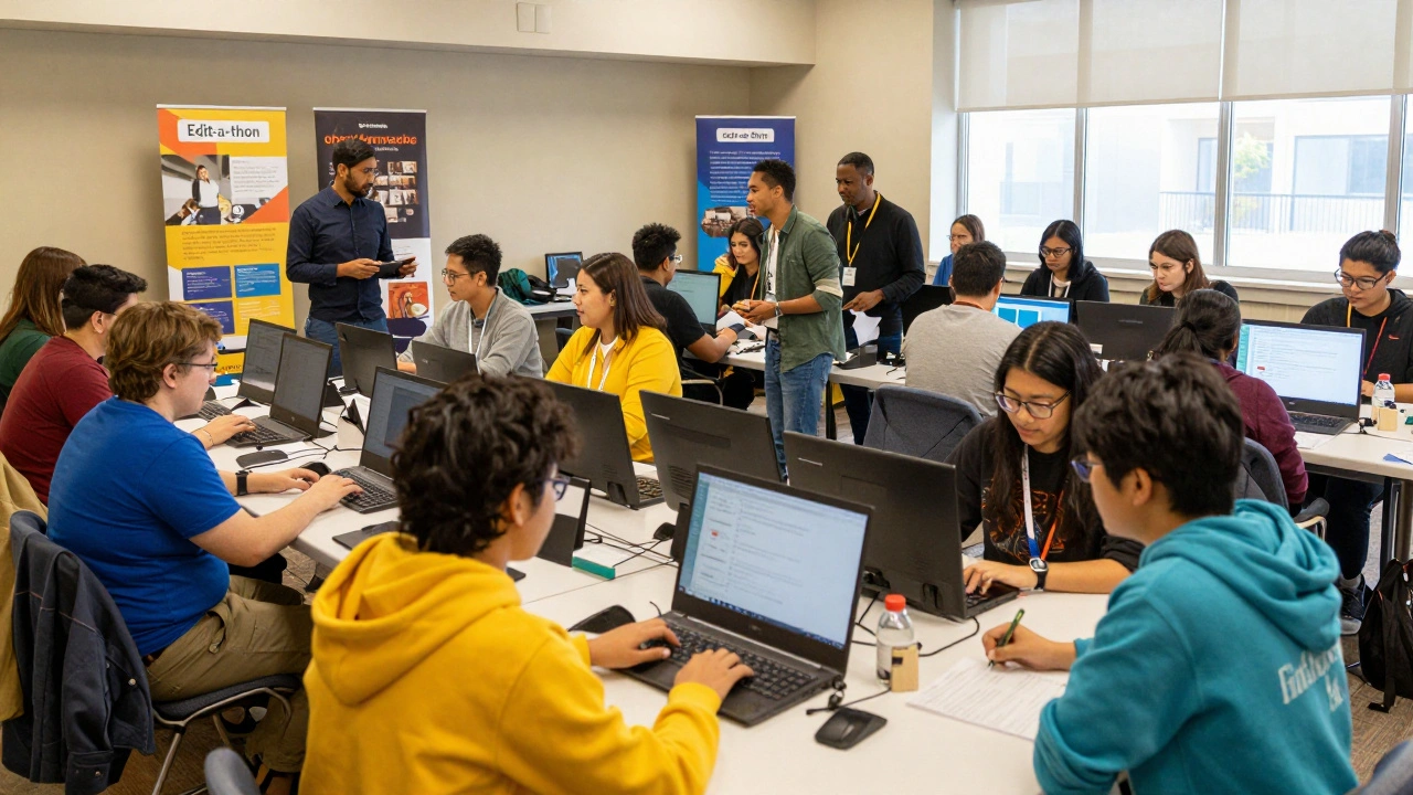 Participants working together at a Wikipedia editing workshop event