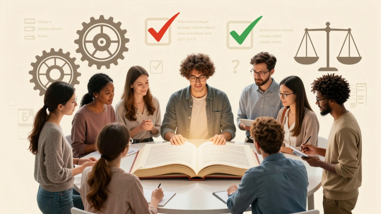 People collaborating around a glowing book with gears and scales, representing ethical editing.