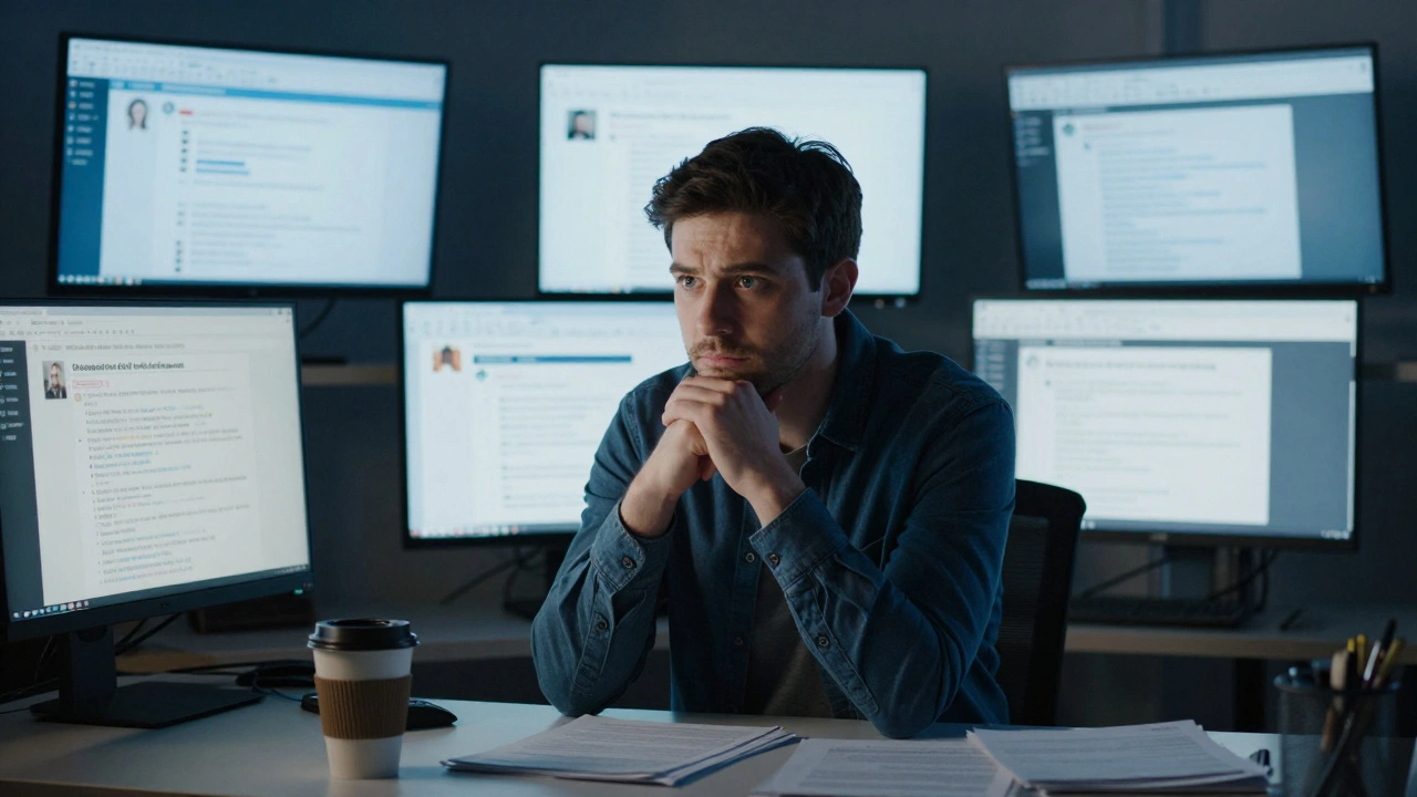 Person reviewing intense community discussion forums on computer monitors