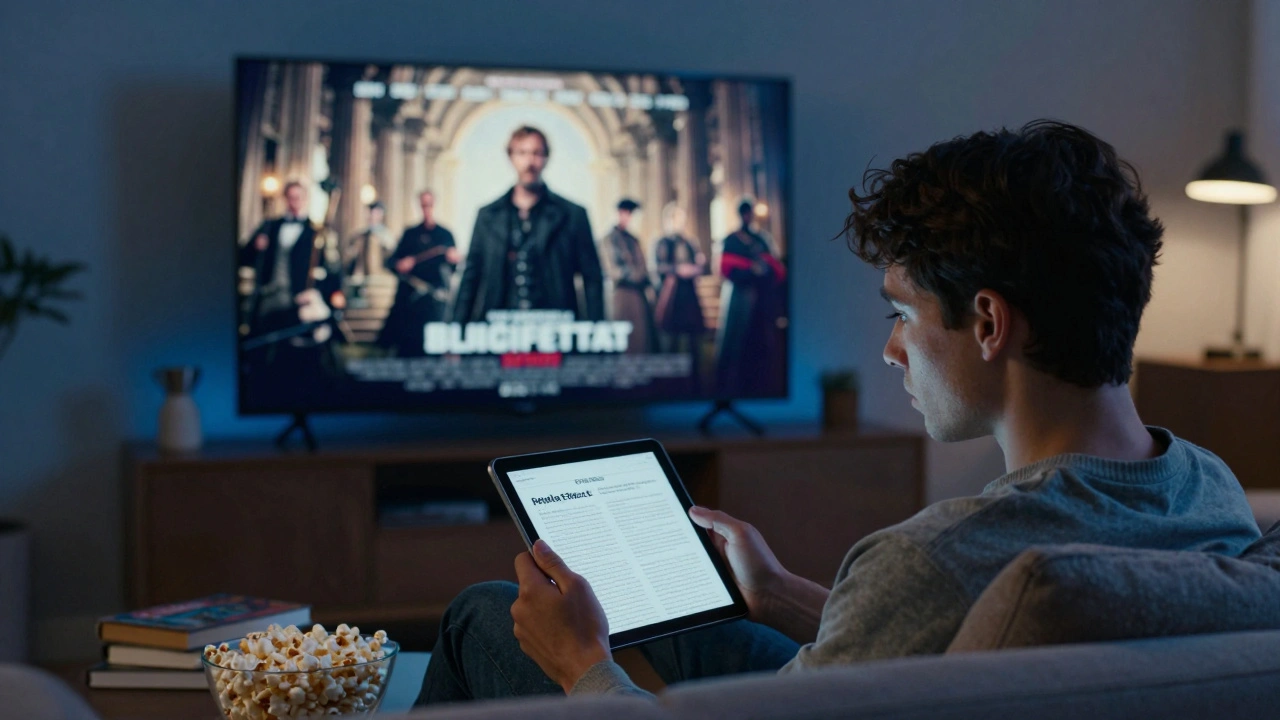 Person watching TV drama while checking facts on a tablet in a dimly lit living room, illustrating media influence.