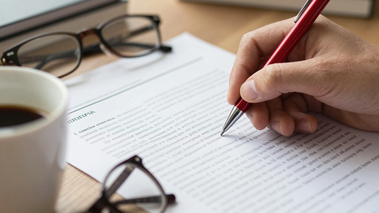 Photograph of a hand editing text on a paper draft with a red pen