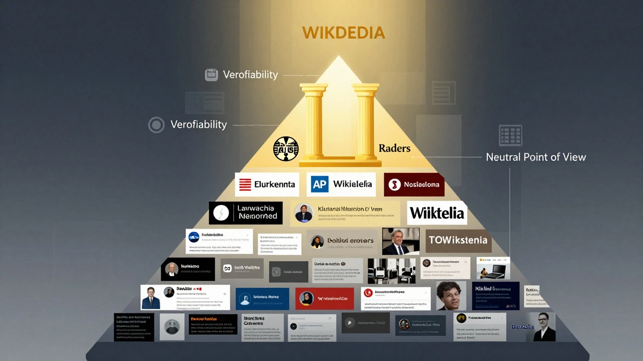 Pyramid illustrating source reliability hierarchy from social media to wire services