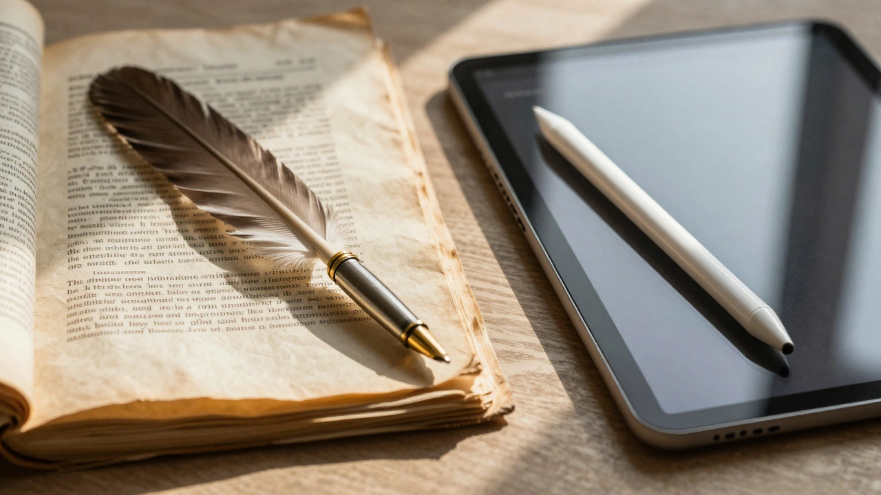 Quill pen and modern stylus side-by-side symbolizing evolution of editorial advocacy
