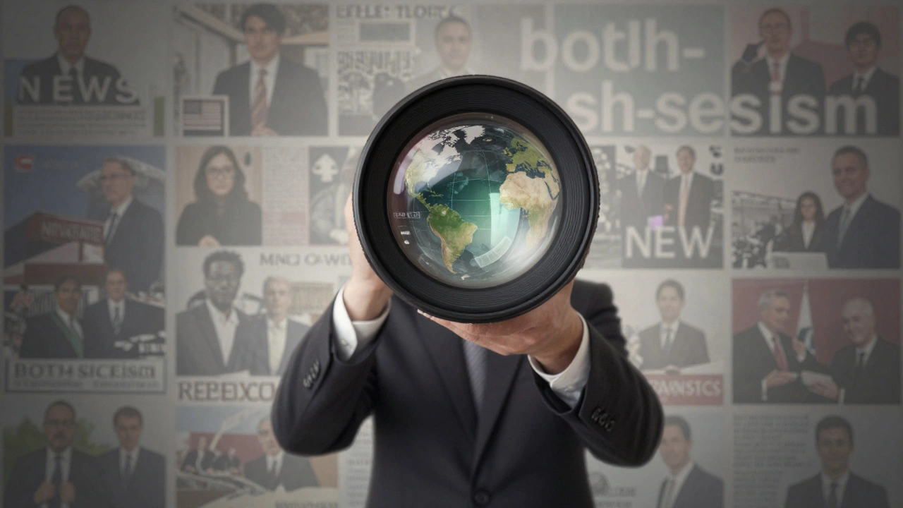 Reporter with camera lens filtering selective news from chaos