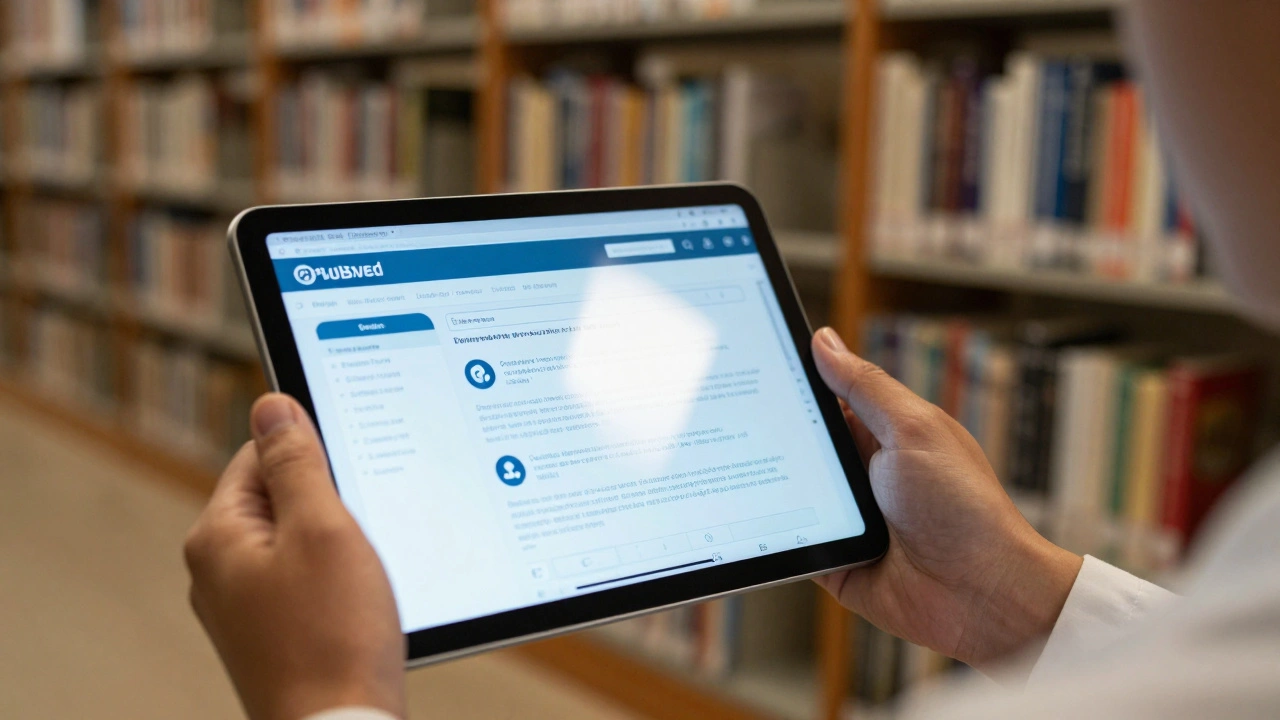 Researcher using tablet to find verified medical articles