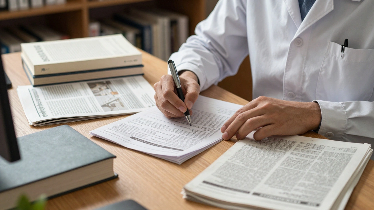 Researcher verifying facts with books and newspapers for citation