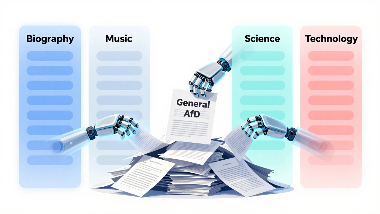 Robotic hands sorting chaotic documents into organized topic-specific columns.