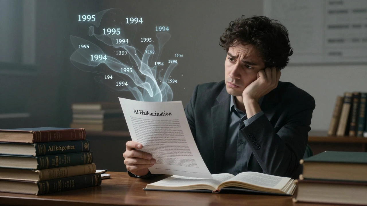 Scholar examining distorted AI text amidst traditional books