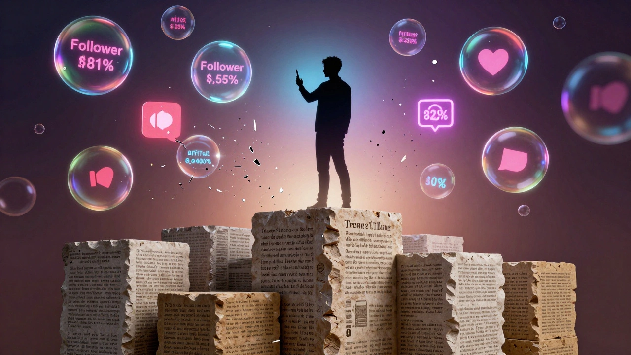 Silhouette above crumbling social media metrics and solid journalism blocks