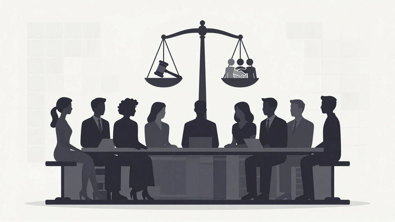 Silhouettes of arbitrators at a bench with scales of justice, representing Wikipedia's ArbCom.