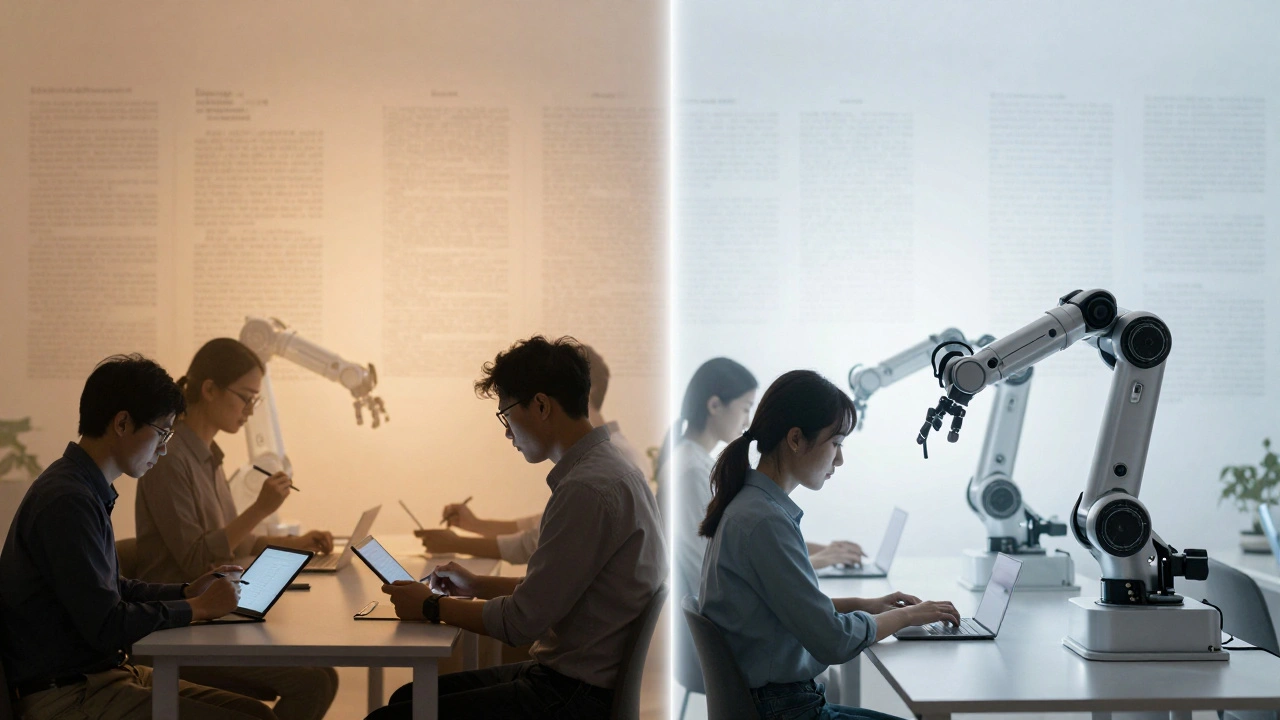 Silhouettes of human editors separated from robotic automation bots