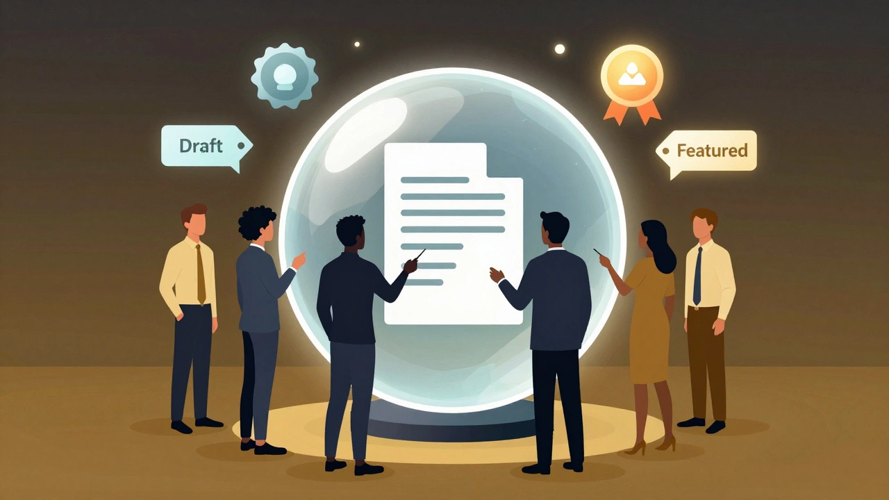Silhouettes reviewing a crystal sphere symbolizing editorial consensus