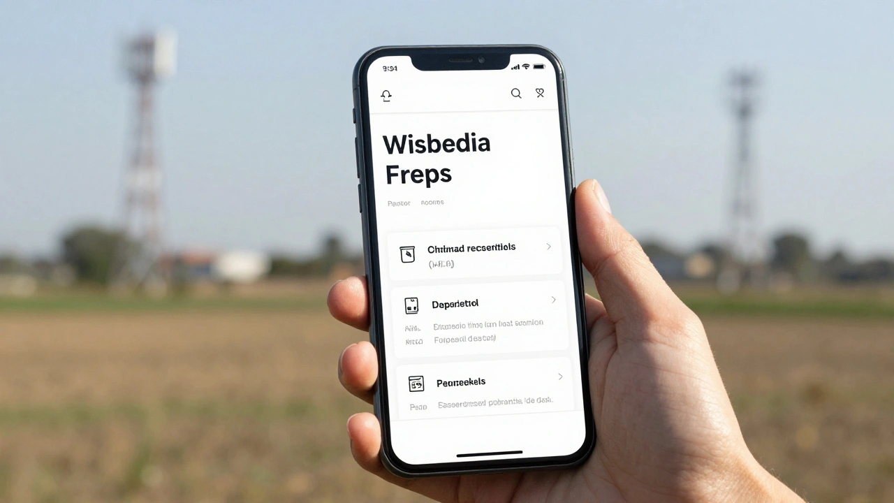 Smartphone displaying simplified mobile Wikipedia interface in a rural outdoor setting.