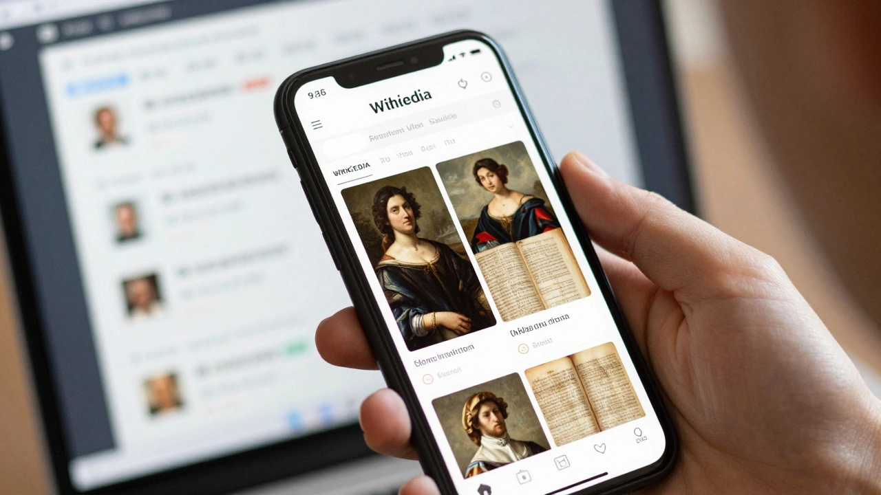 Smartphone displaying Wikipedia article with rich media and AI assistance