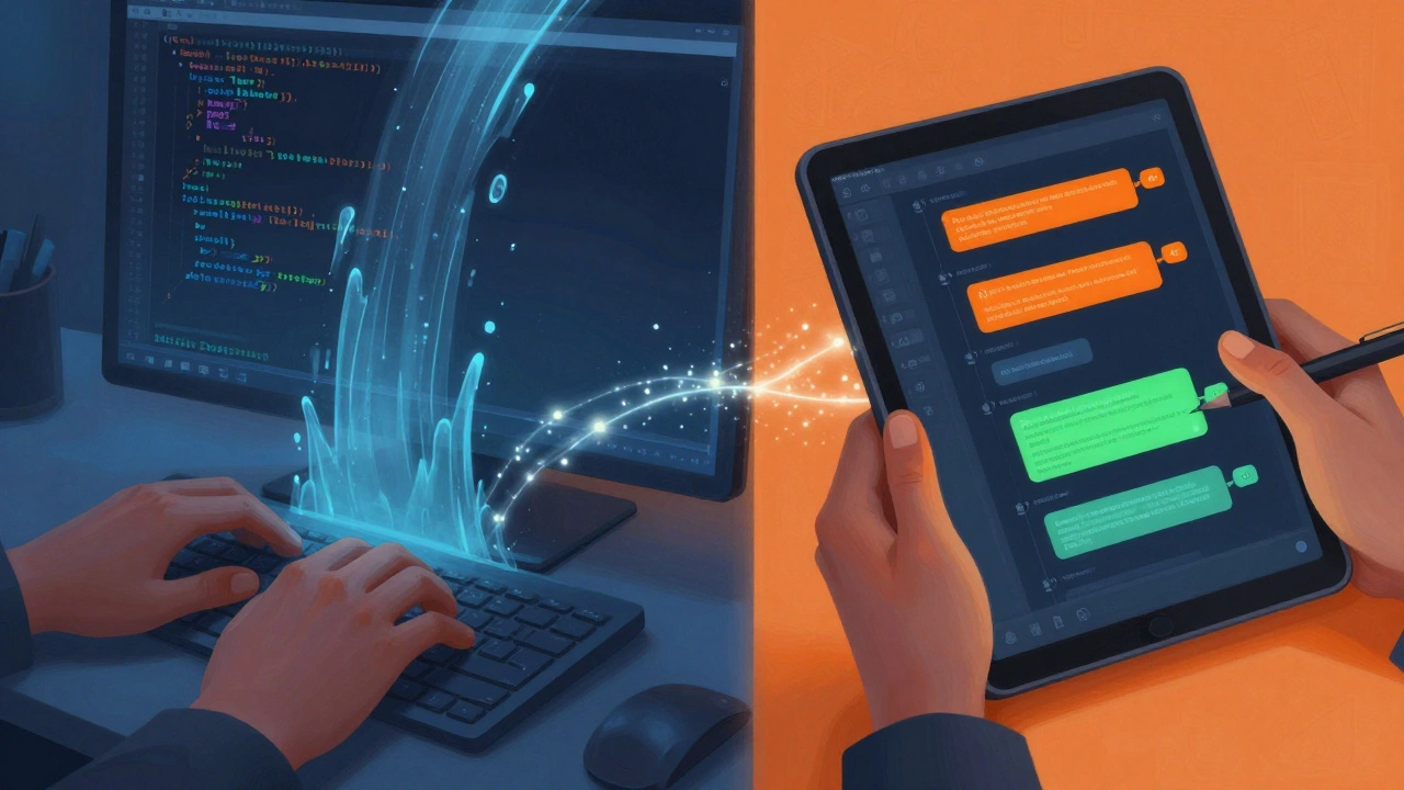 Split screen showing typing and tablet feedback merging into light