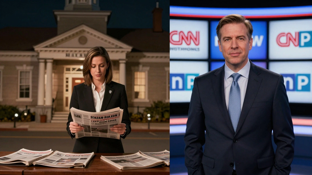 Split view contrasting local newspaper coverage with major network screens