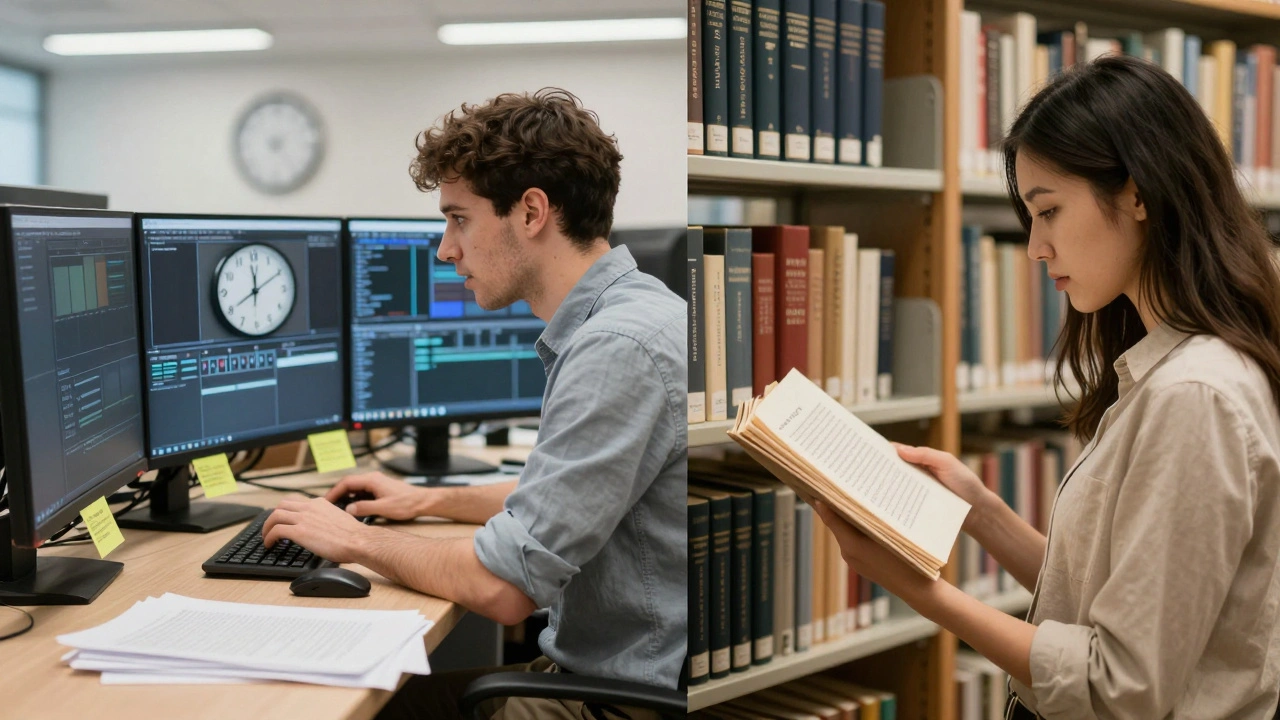 Split view of frantic editing versus calm archival review