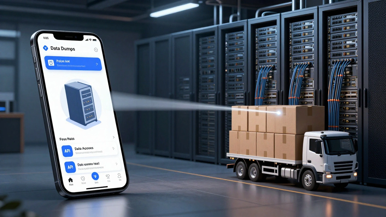 Split view showing a phone connected via laser beam versus a massive server room for data dumps.