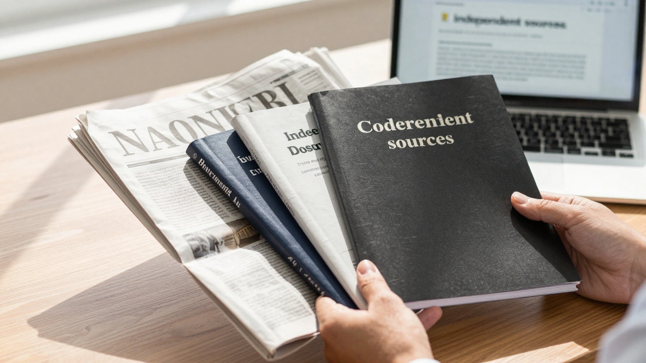 Stack of newspapers, journals, and documents representing reliable sources