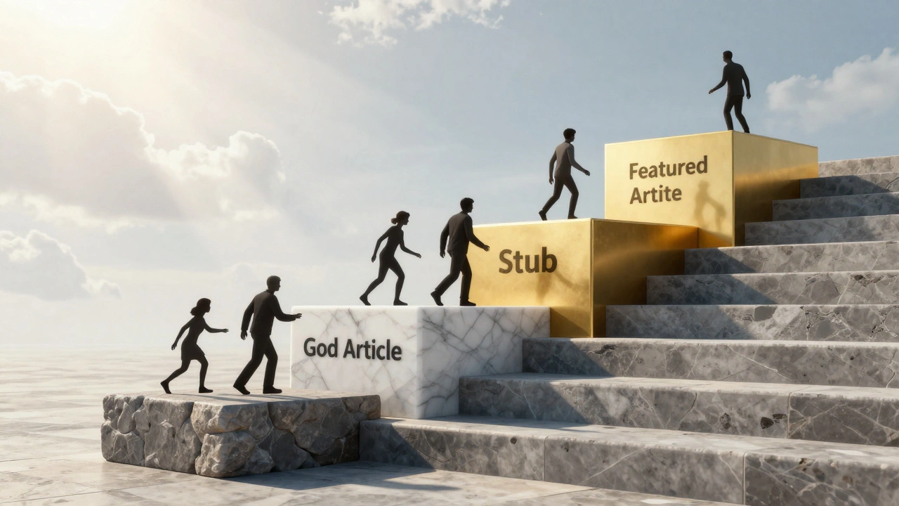 Stone staircase ascending to a golden pedestal with helpers