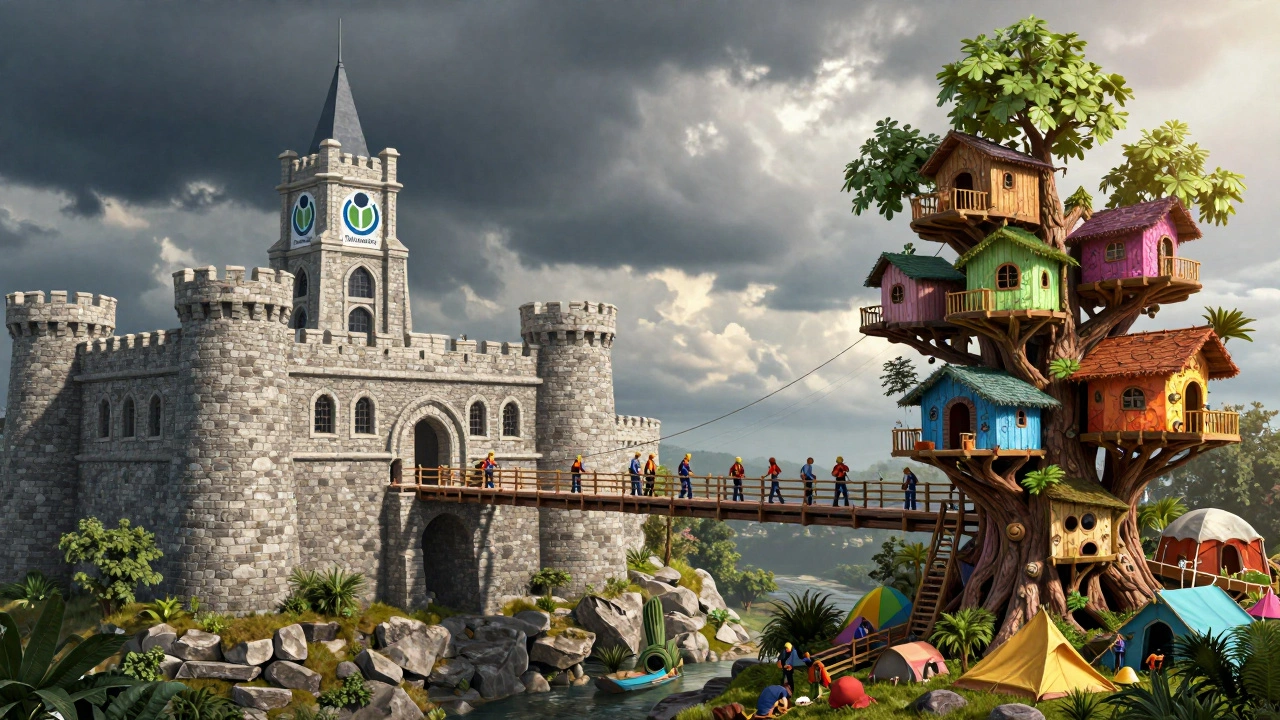 Symbolic bridge connecting a central fortress to a decentralized community village