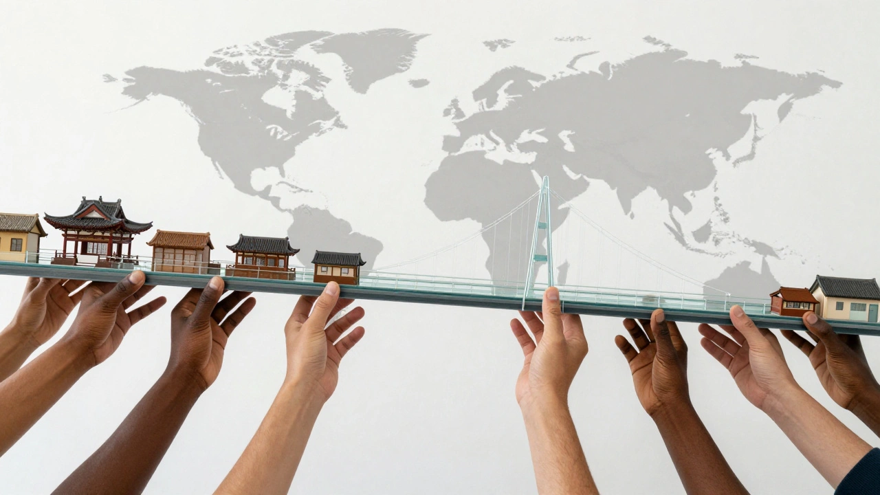 Symbolic bridge connecting local communities to a global network, supported by diverse hands.
