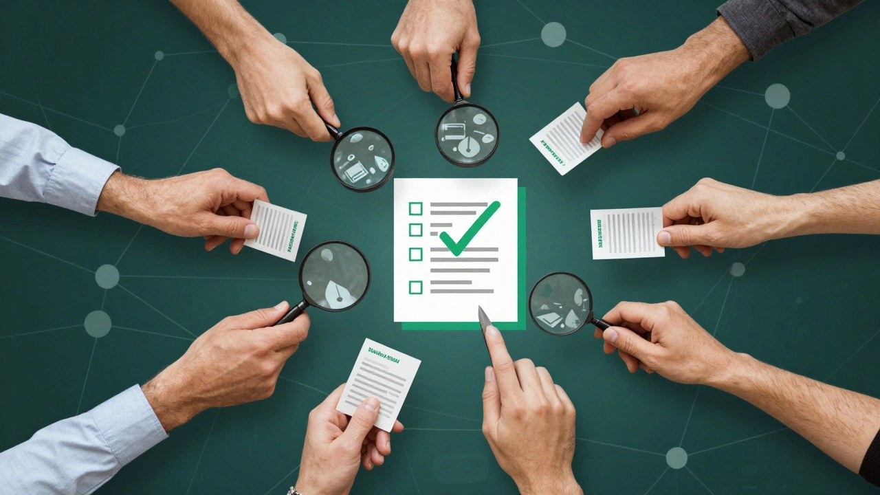 Symbolic illustration of multiple hands collaborating to verify facts in a digital space.