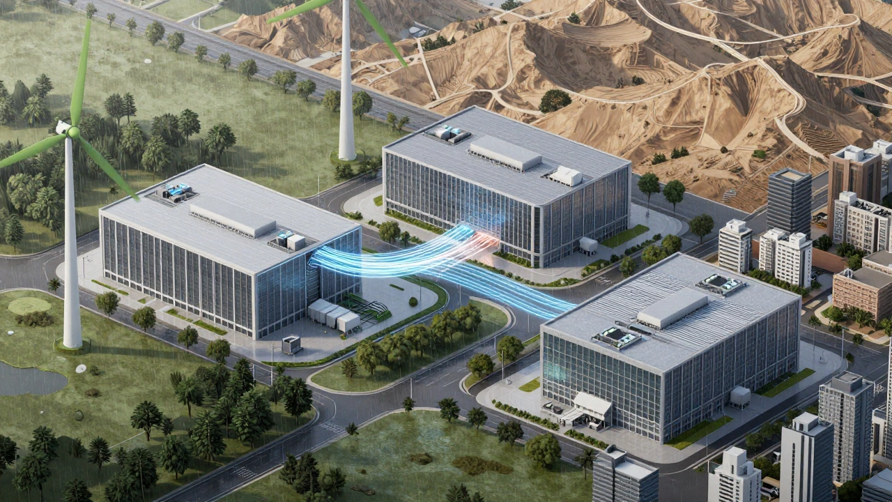Three global data centers connected by fiber optics showing network redundancy