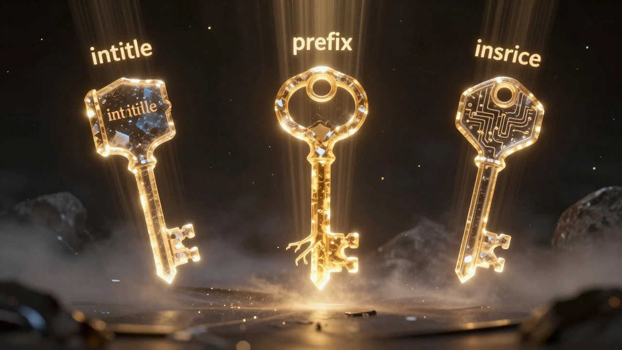 Three glowing crystal keys representing advanced search operators in space