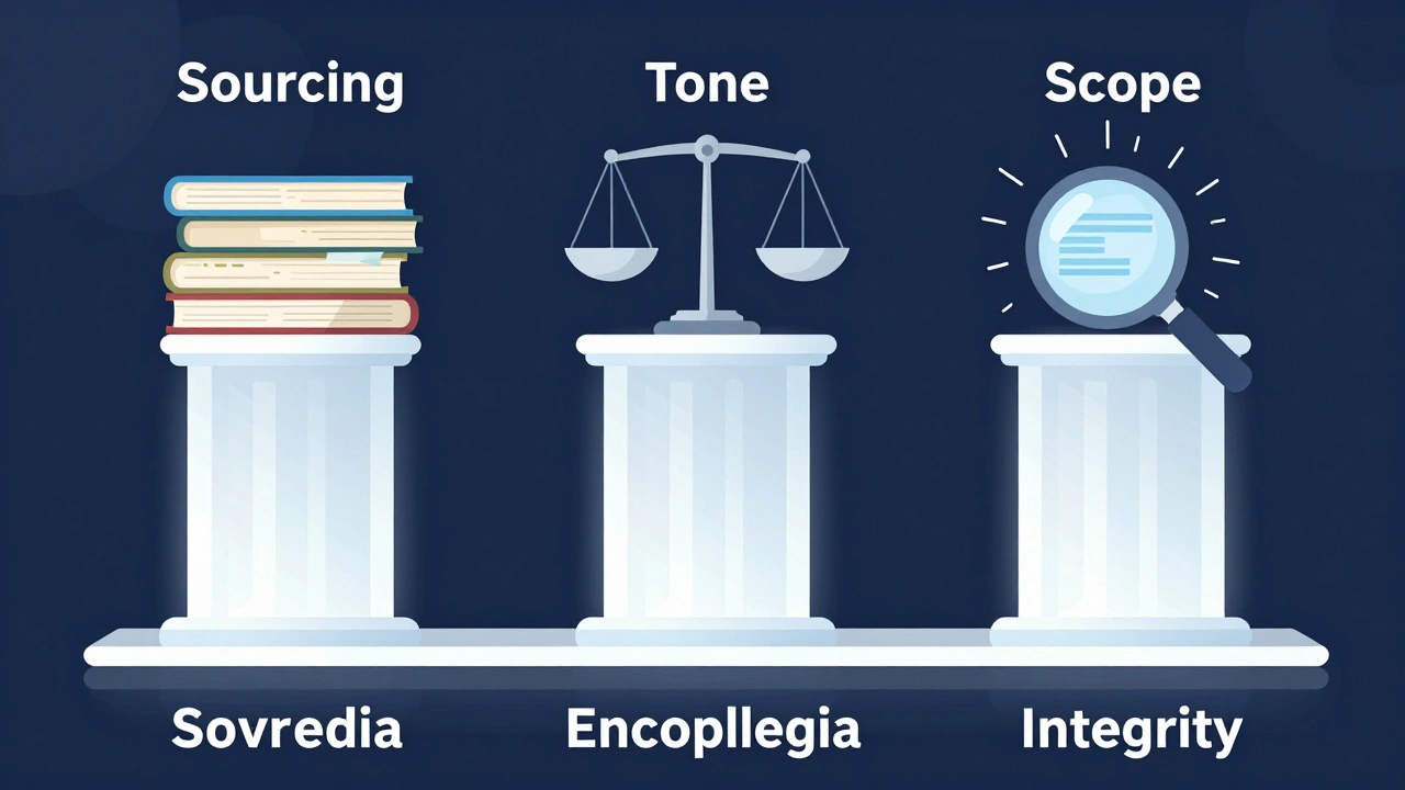 Three pillars representing sourcing, tone, and scope in Wikipedia review