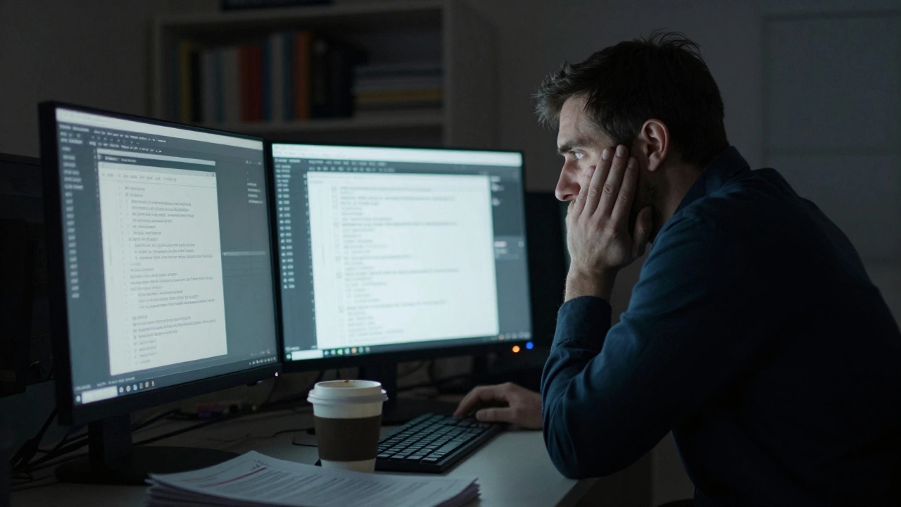 Tired administrator working late at computer with screen glow