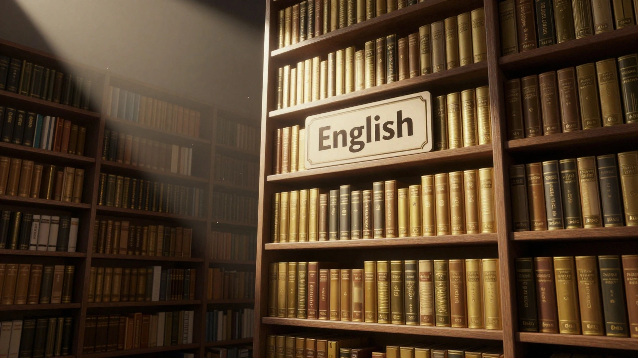 Towering English library shelf overshadowing smaller language sections