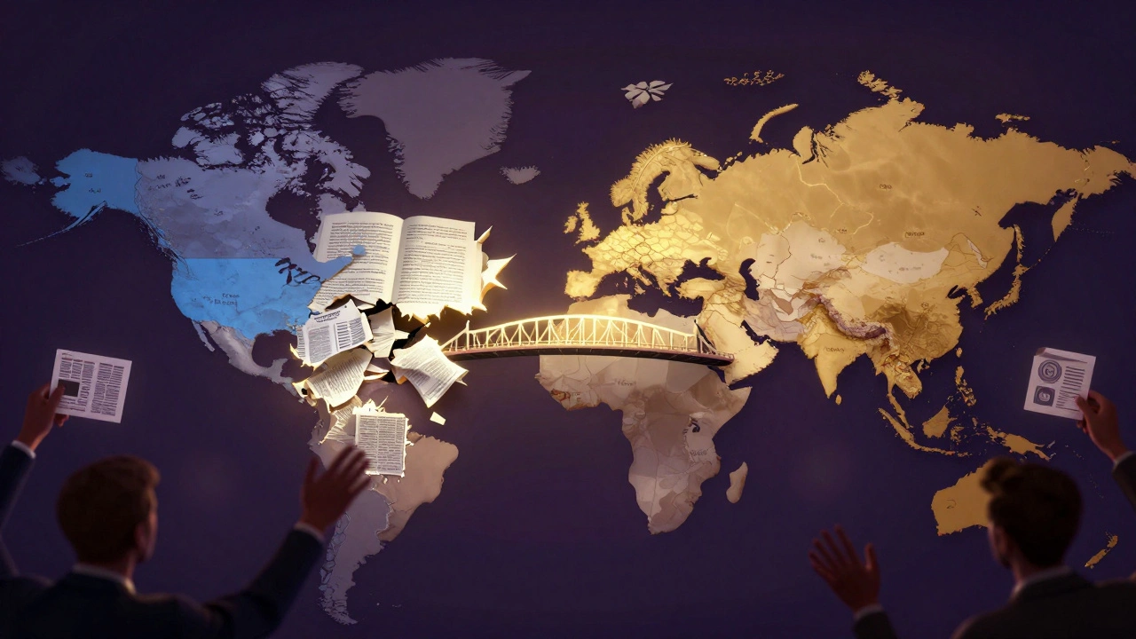 Two conflicting maps of a disputed border connected by a fragile bridge of academic sources.
