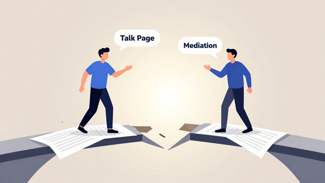 Two figures repairing a broken bridge using mediation tools