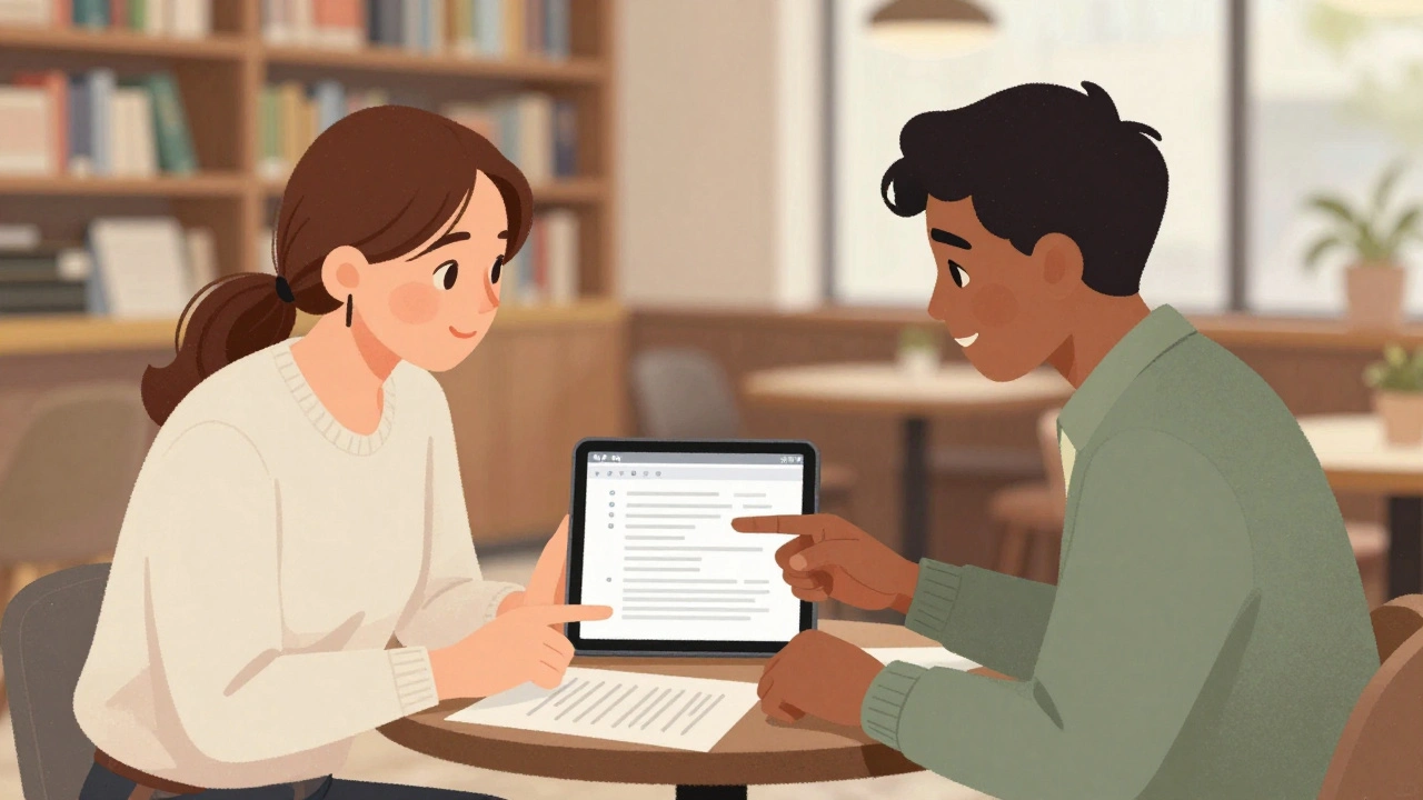 Two people having a calm discussion over documents to resolve editing disputes