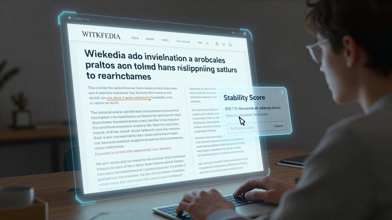 User viewing a Wikipedia article with a holographic tooltip showing edit stability scores
