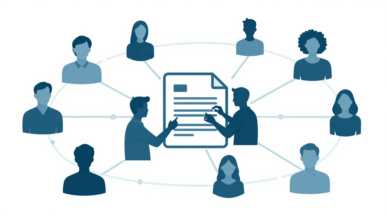 Vector art of diverse editors collaborating on a document via light connections