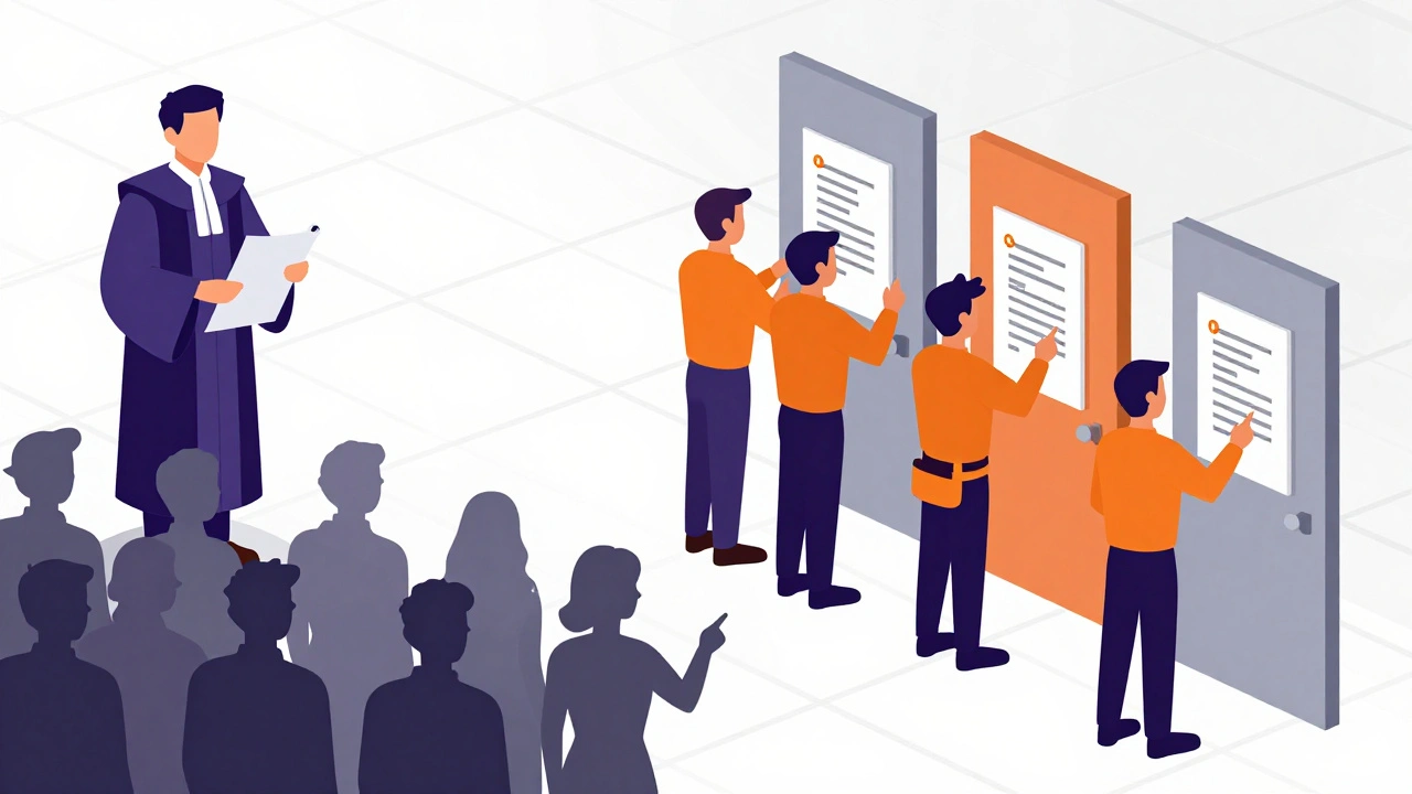 Vector illustration of judge, admins, and community enforcing rules