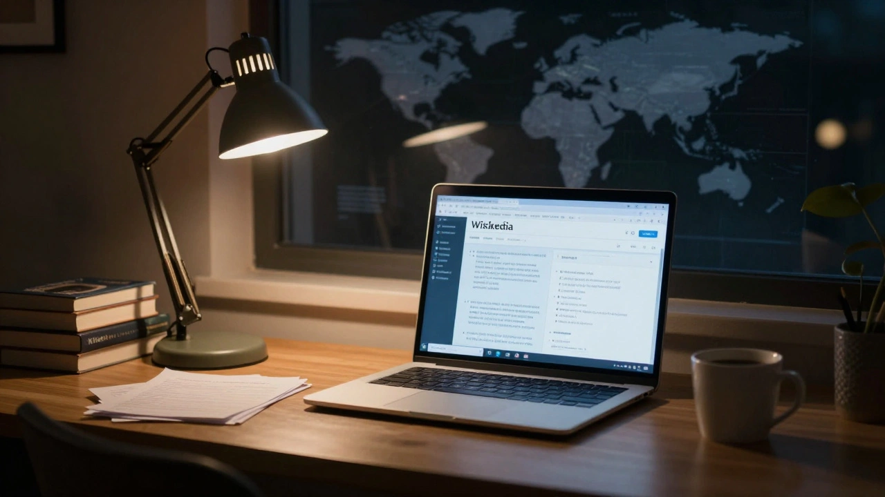 Volunteer editing Wikipedia late at night with global network reflection