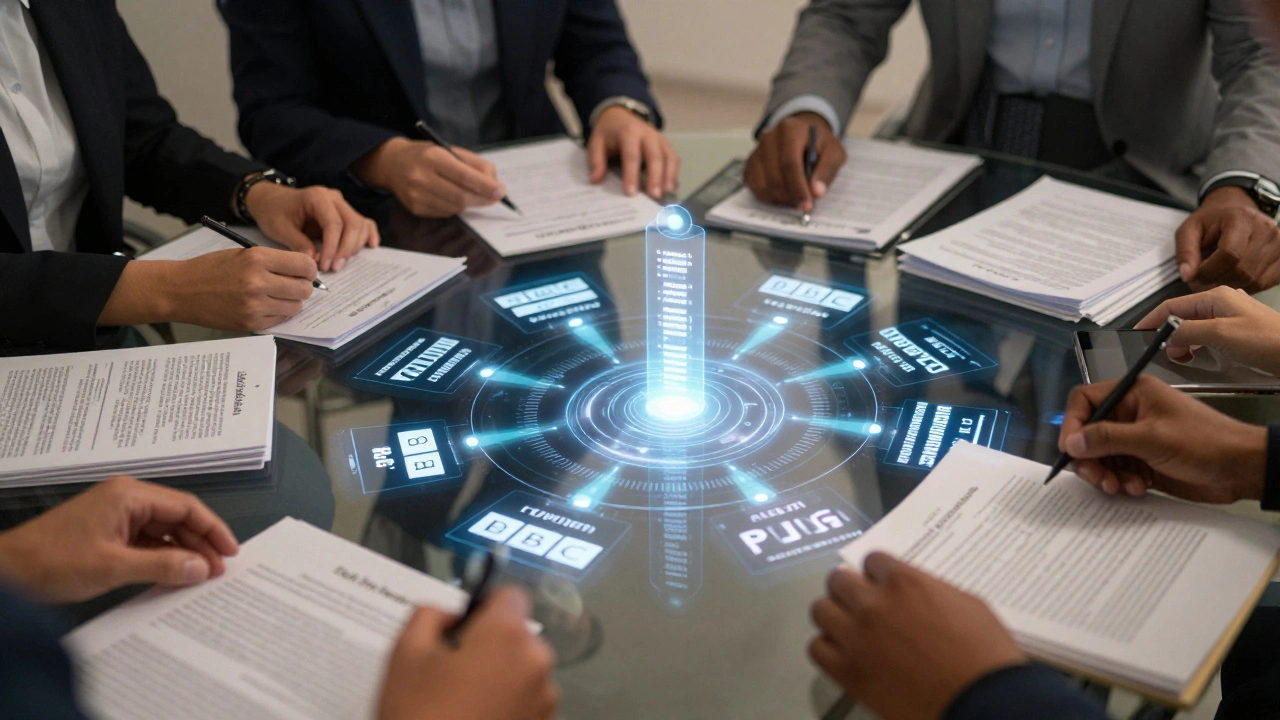 Volunteers verifying facts from multiple news sources on a holographic table.