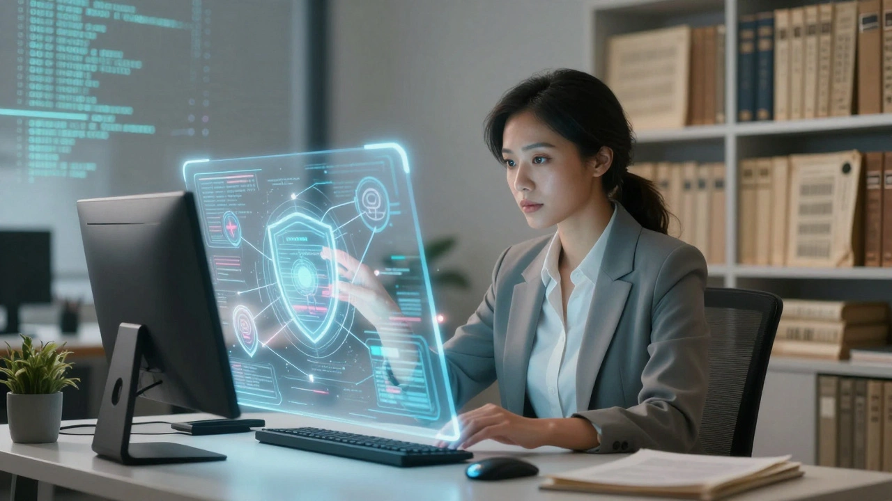 Woman using futuristic holographic interface to balance data bias