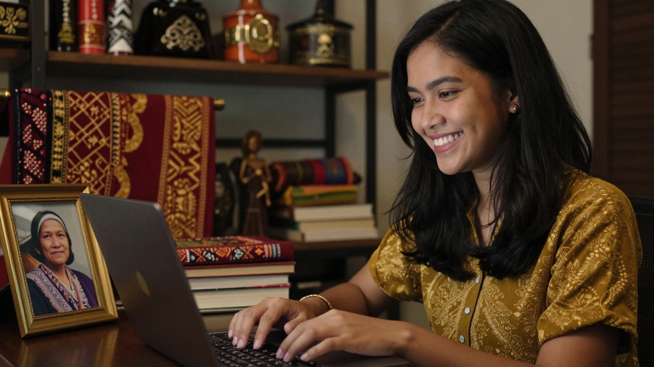 Young woman typing on laptop surrounded by family photos and cultural items, writing local history.