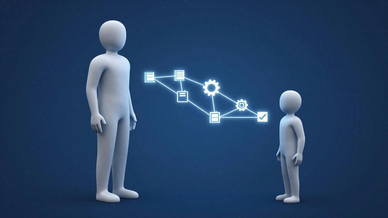 Abstract figures connected by glowing threads transferring knowledge icons