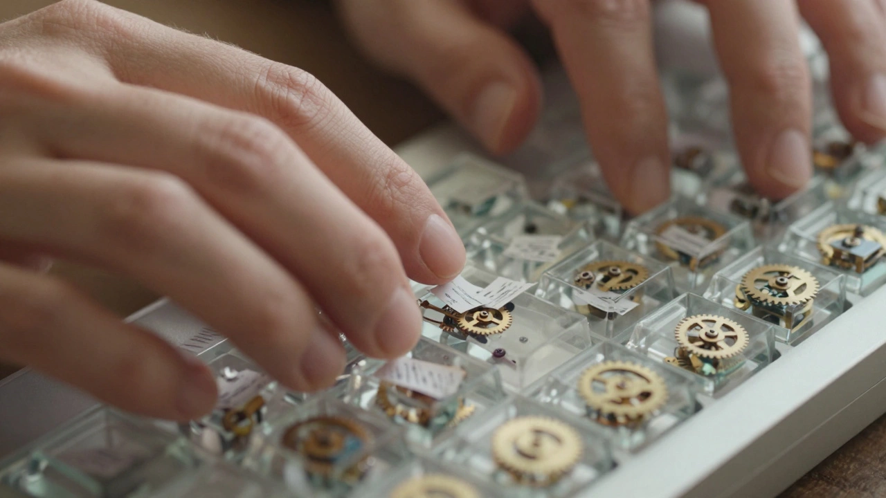 Close-up of hands typing on transparent glass keys filled with gears