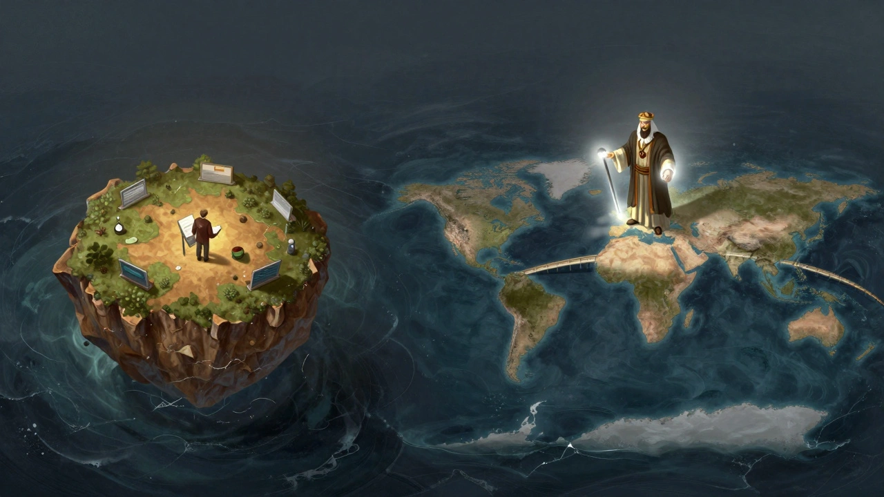 Conceptual art contrasting local admin limits with global steward reach