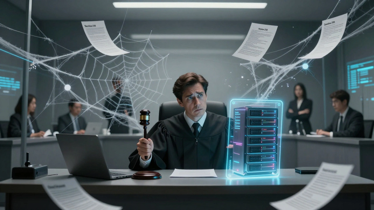 Courtroom scene with judge holding gavel and holographic server amid legal webs