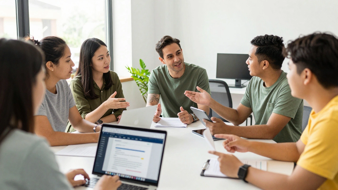 Diverse group collaborating around a table in a bright workspace