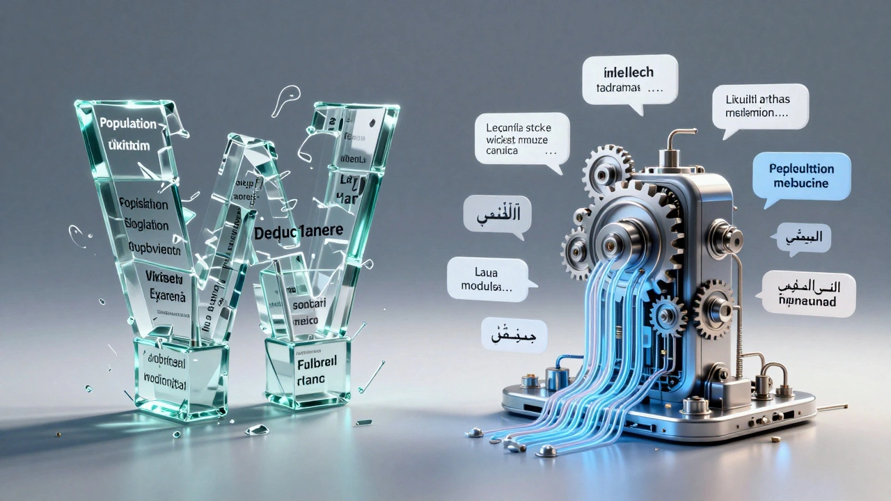 Fragile glass blocks vs sleek modular gears representing wiki templates and modules
