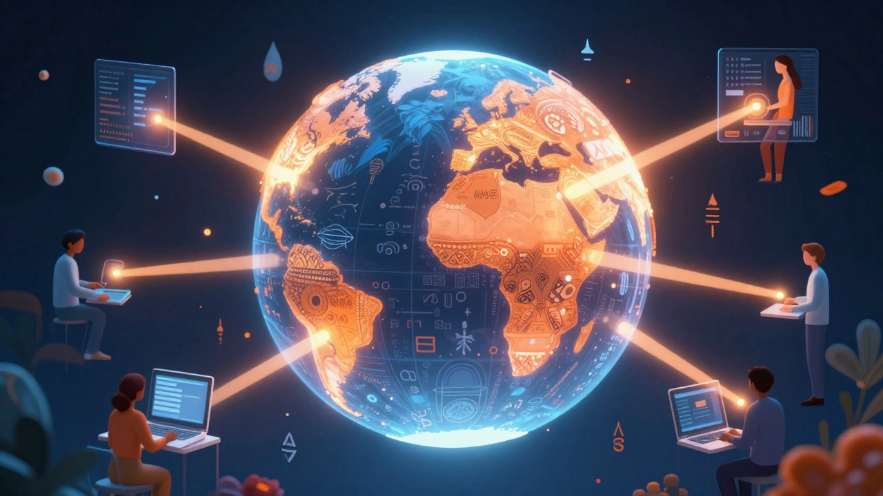 Globe connected by light beams representing global knowledge sharing